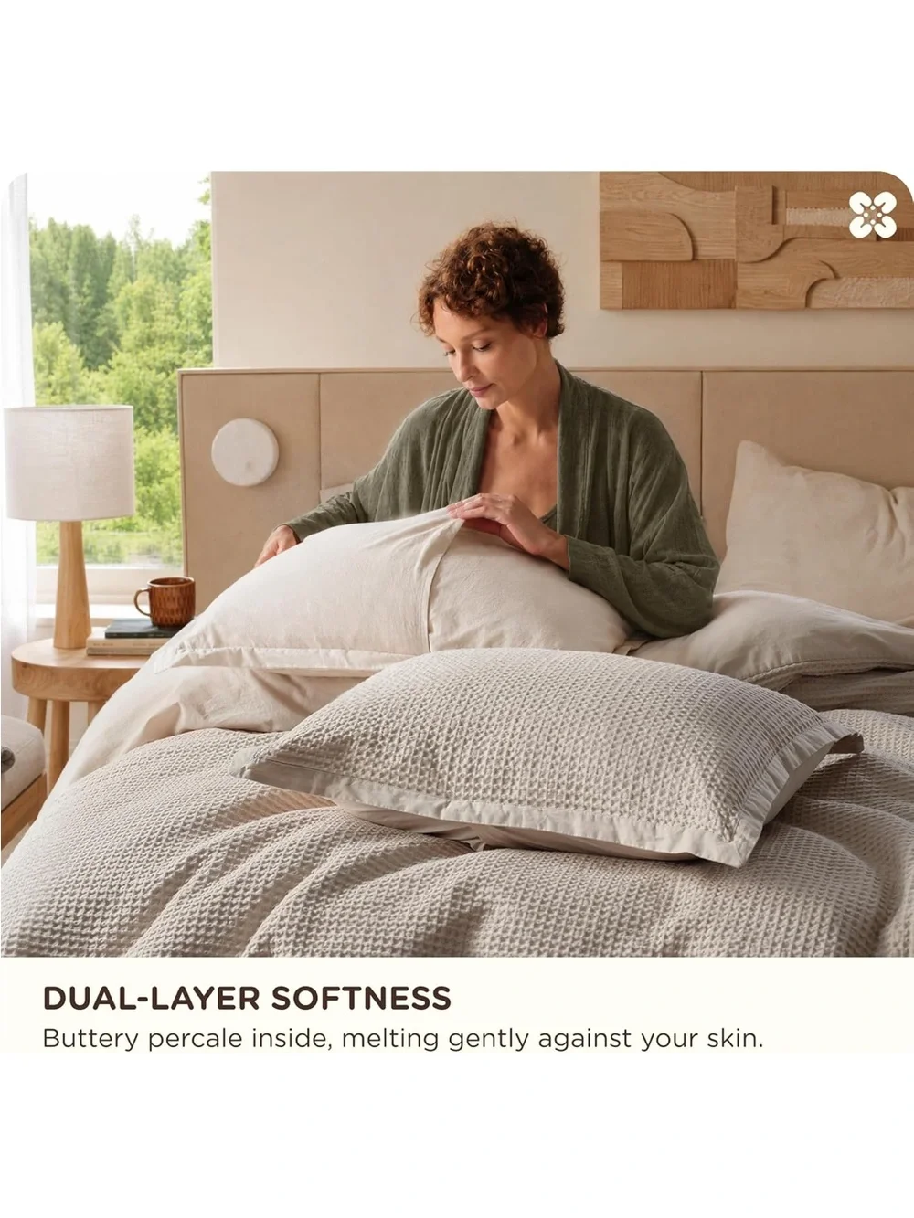 NEW Bedsure 3 Pieces 100% Cotton Waffle Weave Duvet Cover Set, Linen color